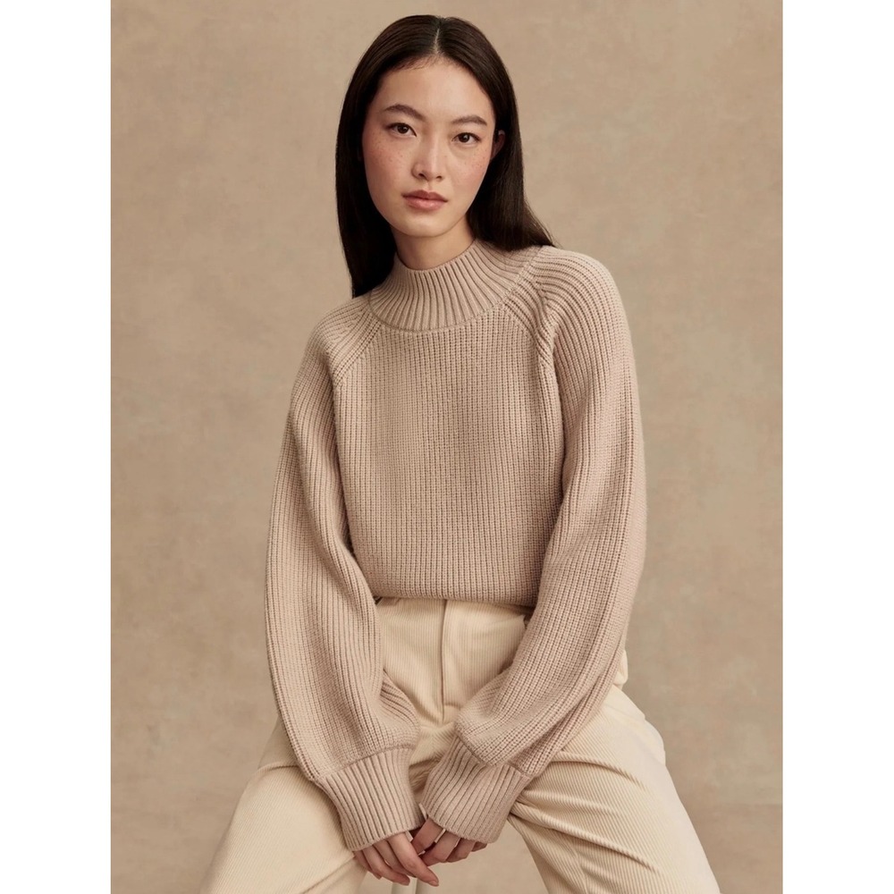 Varley Martina Mock Neck Rib Knit Sweater Sandstone XS Chunky Fisherman